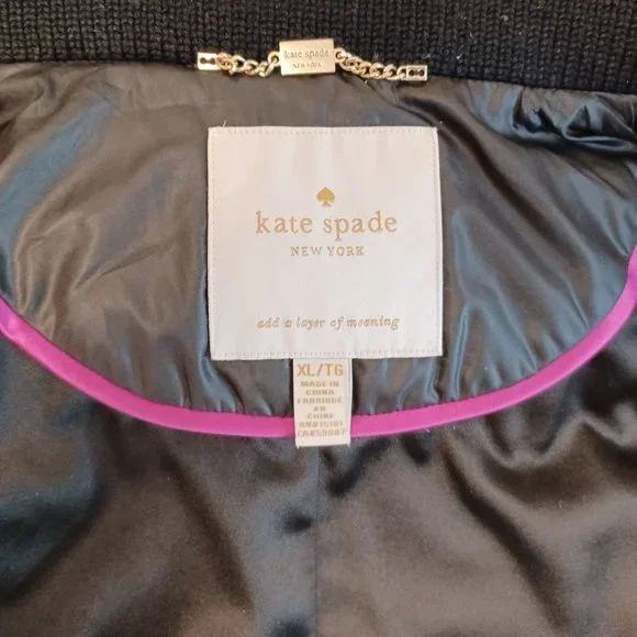 Kate Spade Quilted Hooded Double Front Zip Puffer Jacket Black XL
